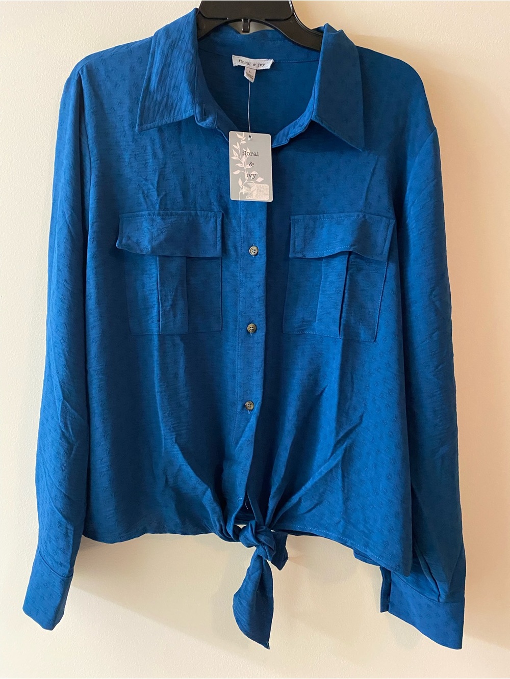 Floral & Ivy Tie-Front Button-Down Shirt in Cobalt Blue w/Textured Print